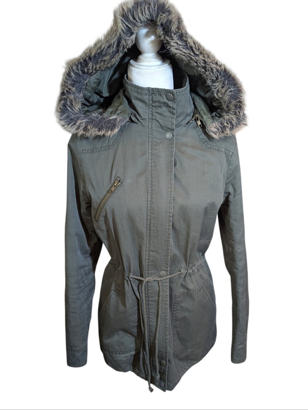 Olive Green Hooded Parka Cotton Faux Fur Trim Twilight Bella Swann Vibes Sz M
